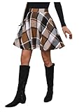 SweatyRocks Women's Plaid Flannel Skater Skirt High Waisted Flared Vintage Office Fall Skirts Khaki X-Large