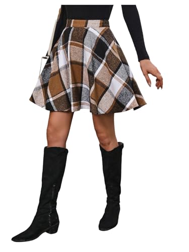 SweatyRocks Women's Plaid Flannel Skater Skirt High Waisted Flared Vintage Office Fall Skirts Khaki X-Large