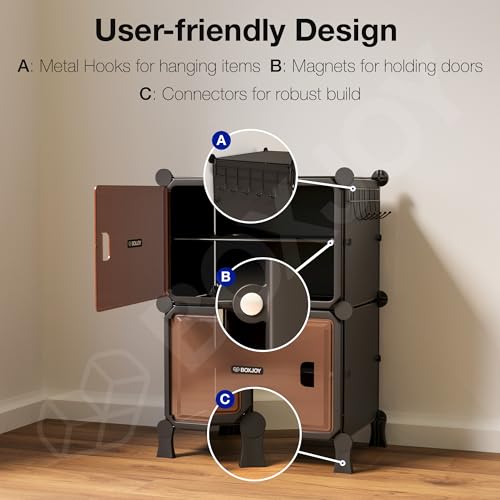 Image of BOXJOY 4 Shelf Black Shoe Rack for Home with 2 Brown Doors, Hard PET Plastic with Metal Door Frame, Shoe Chappal Slipper Sandals Stand