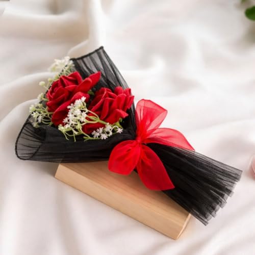 Image of SATYAM KRAFT 1 Pcs Artificial Flower Mesh Rose Bouquet | Romantic Gift for Him Her Girlfriend Boyfriend Wife Husband Proposal Anniversary Wedding Birthday Love Home Decor (Black)