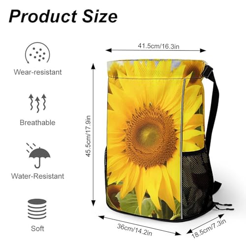 Waterproof Drawstring Gym Backpack with Shoe Compartment & Wet-Proof Pocket - Lightweight 28L Sunflowers Sports Backpack Travel Workout String Bag for Yoga Swim2