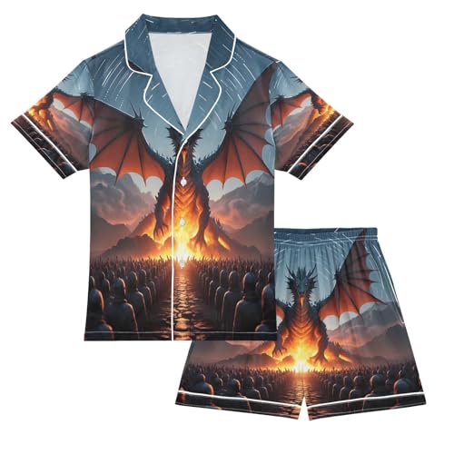 ALAZA Dragon Fire Sunset Satin Pajamas Set Short Sleeve Button Down Sleepwear Summer Pjs 2 Piece