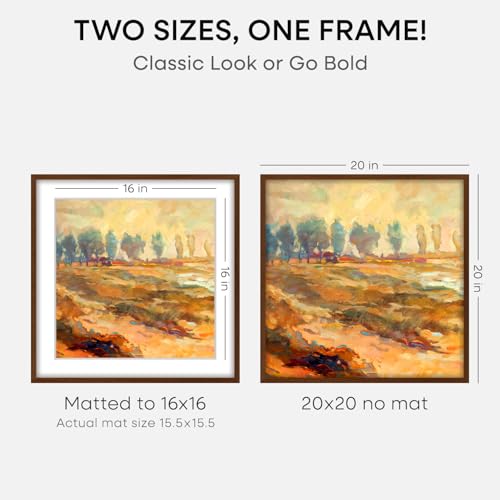 Image of Homeforia 20x20 Brown Picture Frame, High End Dark Oak 20 x 20 Square Wood Frame with Mat 16 x 16 for Photo, 20by20 Wooden Walnut Poster Frame Matted to 16x16 Print, Tempered Glass, Wall Kit, Set of 2