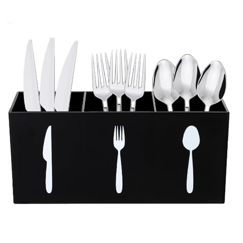 QuZCarious Acrylic Cutlery Storage Organizer Bin Silverware Caddy Countertop Knife Spoon and Fork organizer Kitchen 3 Section Tableware Storage Box for Cabinet Indoor Home Flatware Dining Room