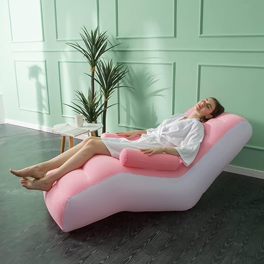 Image of Premium Inflatable Lounge Chair with Back Support | Comfortable Air Sofa Recliner for Living Room, Bedroom & Balcony | Portable Relaxing Couch (Pink & White)