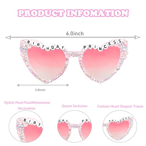 Birthday Sunglasses for Women, Pink Heart Shaped Birthday Princess Glasses Outfit Decorations for Girl Party Gifts2