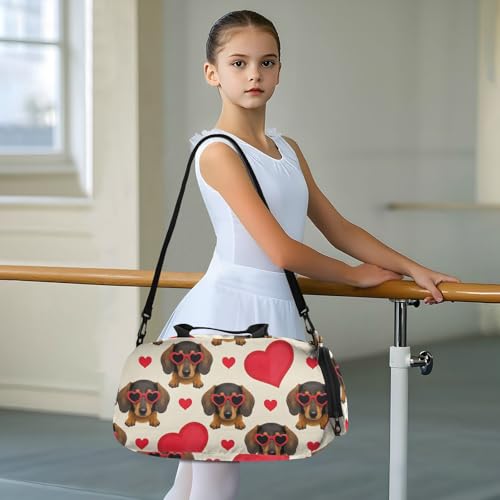 Duffle Bag for Boys or Girls with Shoes Compartment, Dachshund Dog Love Hearts Sports Travel Bag Overnight3