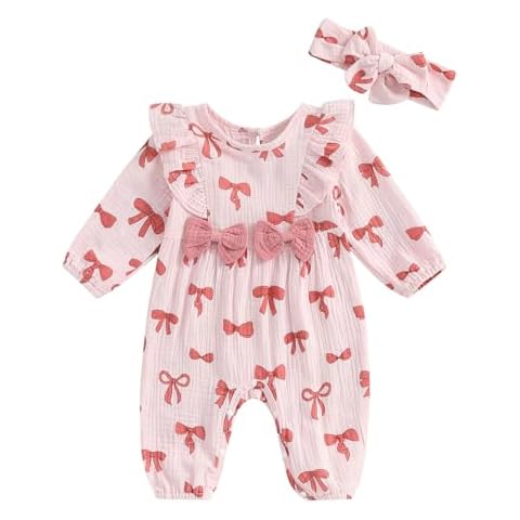 COORALLY Baby Girls Cotton Linen Rompers Bowknot Ruffles Long Sleeve Bodysuits Jumpsuit with Headband (Bow-Pink, 0-3 Months) Cover