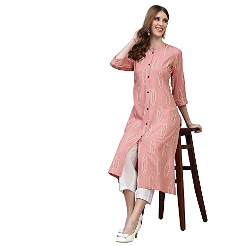 Image of Stylum Women's Turquoise Block Printed Rayon A-Line Kurta | Office Kurtas for Women (Available in Plus Sizes)
