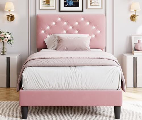 GAOMON Twin Bed Frame with Headboard, Upholstered Platform Bed Frames Twin Size with Crystal Diamond Tufted for Girls/Kids Easy Assembly, Wooden Slats Support, No Box Spring Needed, Pink