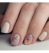 Summer Press on Nails Short Square, Beige Fake Nails with Cute Blossom and Featuring Delicate Gol...