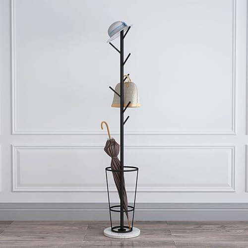 Metal Umbrella Stand and Coat Rack with Marble Base - Stylish Entryway Umbrella Holder with Multiple Hooks for Organized Space (Gold & White)