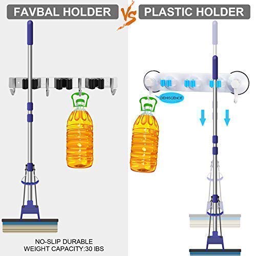 Broom Mop Holder Wall Mount,Favbal Garage Organization Tool Organizer Storage Broom Closet Kitchen Organization Heavy Duty Garage Tools Hanger With 3 Racks 4 Hooks For Home Kitchen Garden Laundry Room #TOP4