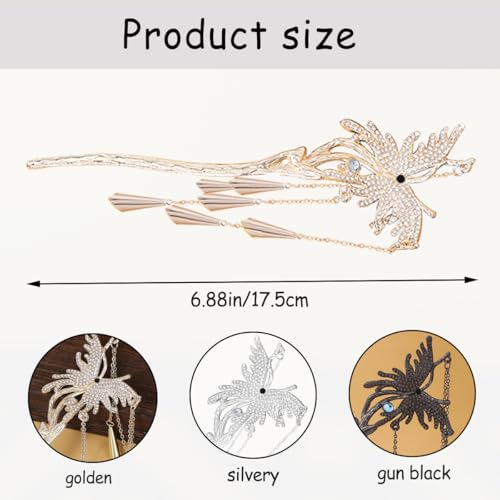 3 peças de hashis de cabelo chinês de borboleta, alfinetes de cabelo vintage de metal, strass, palit