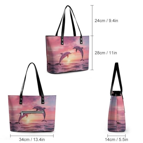 Sea Dolphins Jumping At Sunset Women's Leather Handbag Shoulder Bag Tote Purse Bags for Shopping Travel2