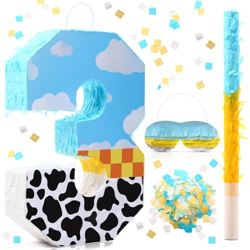Poen Cow Number Piñata for Kids Birthday Decorations Toy Game Cow Birthday Piñata with Stick Blindfold and Confetti Blue Sky and White Cloud Candle for Boy Girls Party Inspire Decor(Number 3)
