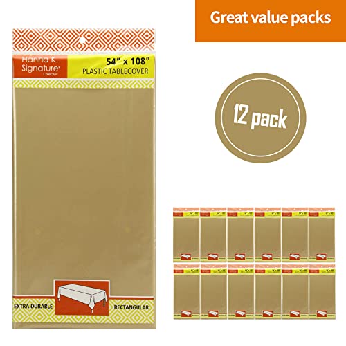 Image of Party Dimensions Gold Plastic Tablecloths, 12 Pack, 54 x 108 Rectangle | Disposable Waterproof Plastic Table Cover for Birthdays, Weddings, Graduations, Picnics & BBQs, Indoor Outdoor, 6-8 ft Tables