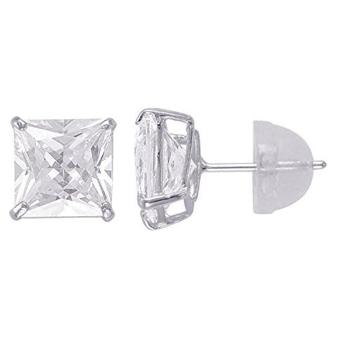 14kt Solid White Gold Superbright Clear Cz Basket Setting Square Pushback Stud Earrings (4mm) Cover