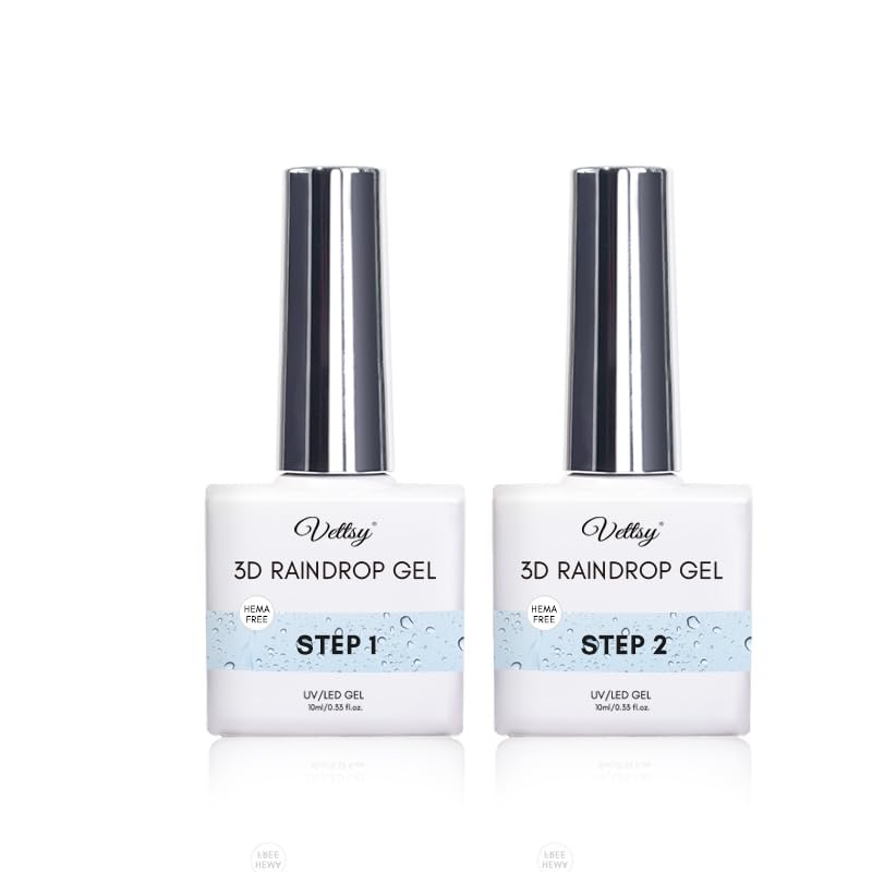 vettsy 3D Raindrop Gel Duo, 2Pcs Water Droplet Nail Art Top Coat Kit, HEMA-Free TPO-Free Soak Off UV LED Gel Polish for Wet Look 3D Nail Designs, Clear Dew Drop Effect Gel for DIY and Salon Nails