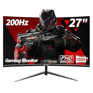 CRUA 27“ Curved Gaming Monitor, FHD 1080P, 200Hz, 1ms GTG, 1800R Curvature, FreeSync, Low Motion Blur, Eye Protection, VESA Mount, HDMI & DP, Black