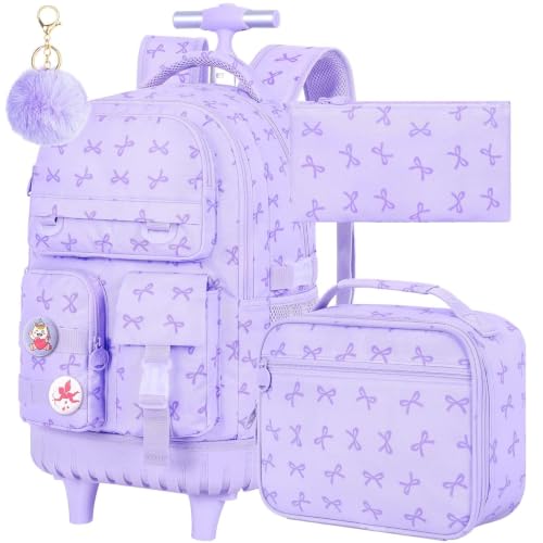 Image of CCJPX Rolling Backpack for Girls, 3Pcs Roller Wheeled School Bookbag, Bow Wheels Backpacks with Lunch Box for Kids (Purple)