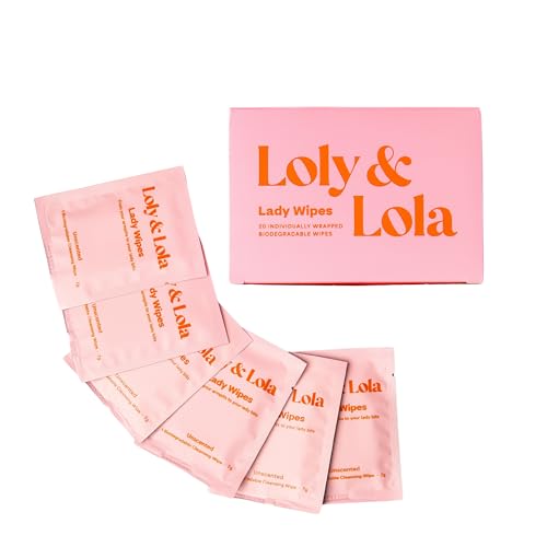 Loly & Lola Lady Wipes Individually Wrapped Feminine Wipes | Travel Size Biodegradable | pH Balanced (56) | Hypoallergenic Fragrance Free | For Sensitive Skin Gym Period & On-the-Go Freshness
