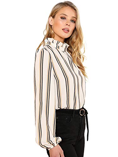 Romwe Women's Elegant Printed Stand Collar Long Sleeve Workwear Blouse Top Shirts Beige M