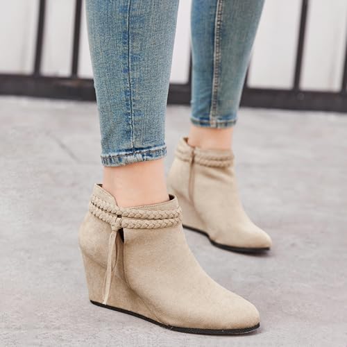 Image of Fashare Womens Wedge Ankle Boots Braided Fringe Strap Western Heeled Fall Booties Dress Shoes