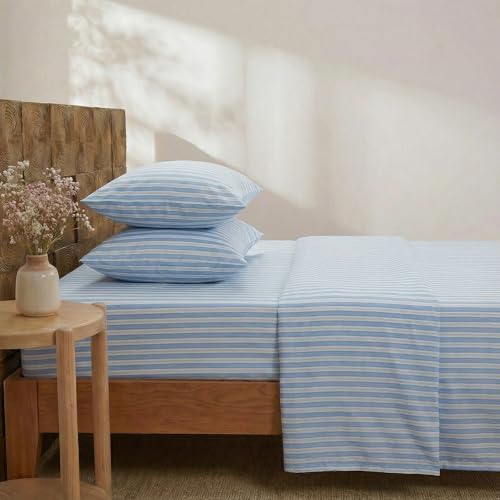 Image of Merryword Blue and White Striped Sheet Set King Size, 100% Cotton Fitted Sheet Set with Deep Pockets, Crisp Cool Feeling, Ribbon Stripes Design, 4-Piece All Season Bedding