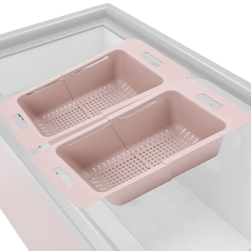 Freezer Baskets, Deep Freezer Chest Freezer Organizers with Handle, Expandable Vegetable Washing Baskets, Universal Freezer Storage Bins, Freezer Organization Accessories (Pink)