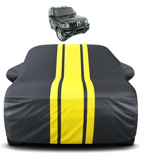 Image of Auto Hub Car Cover Compatible with Mahindra Scorpio Old with Mirror Pocket, Soft Cotton Lining, Scorpio Car Cover Waterproof - Yellow-Black