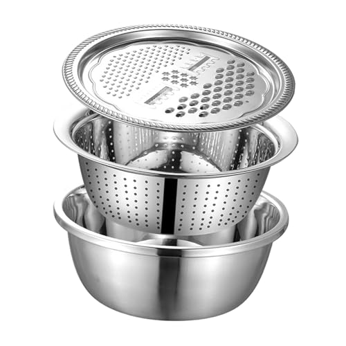 Image of 3IN1 Stainless Steel Basin Set with Colander Grater Lid 3-Piece Multi-Function Mixing Bowl for Washing, Stainless Steel Basin Set 26 CM (Pack of 1)
