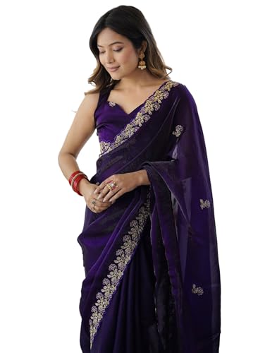 Image of SIRIL Women's Tissue Silk Sequence Embroidery Saree with Unstitched Blouse Piece