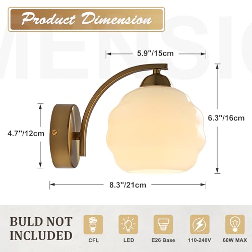 Image of Gold Wall Sconces Set of 2 Modern Industrial Bathroom Vanity Sconces Wall Lighting Indoor Brushed Brass Wall Sconces Golden Globe Glass Wall Lamp for Bedroom, Living Room MCL13W-2 (2Pack)