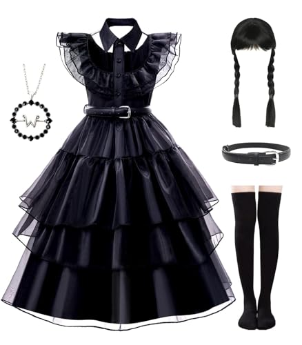 Mcgeeney Black Dress Up Costume - Dress Up Clothes for Little Girls with Wig, Necklace, Belt & Socks - Ideal for Halloween
