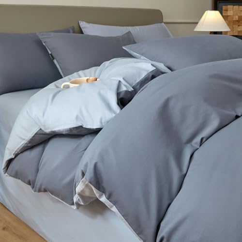 Mesnt Juego de ropa de cama individual de algodón, funda de edredón reversible de dos tonos, juego de sábanas y fundas de almohada, color azul y gris, 1,2 m-150 x 210 cm