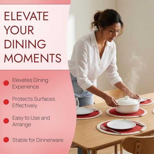 Image of Cotton Rope Placemats, Round Red with White Border, Set of 4, Heat Resistant Table Mats