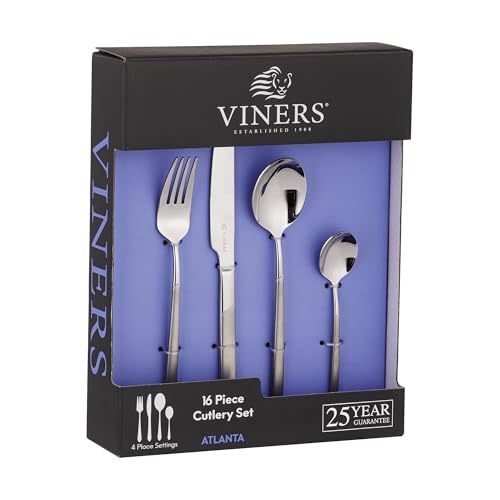 Viners Atlanta 16 Piece Cutlery Set Stainless Steel, Brushed Satin Finish Includes Knives, Forks, Spoons Rust-Resistant, Dishwasher Safe Ideal for Home, Party, Restaurant