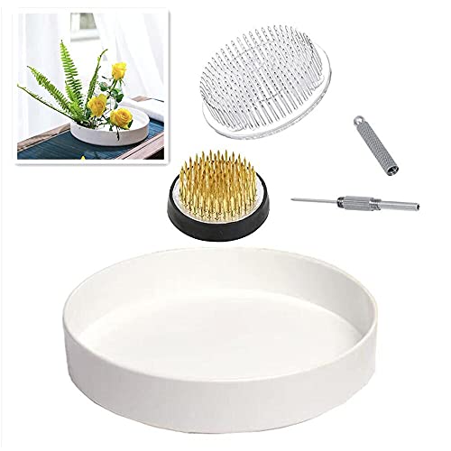 Japanese Ikebana Kit Floral Frog Flower Container with 1Pcs 9inch Plastic Bowl Vase Pot, 1Pcs 1.57inch Kenzan, 1Pcs 2.76inch Plastic Kenzan, 1Pcs 2 in 1 Kenzan Tool-Clean and Straighten Pin (Set B)