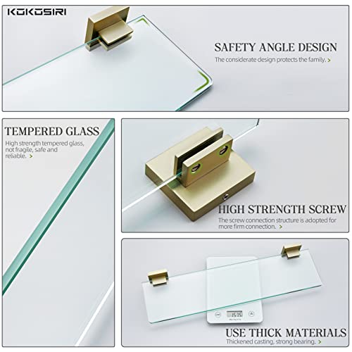 Kokosiri Wall Shelves Floating Bathroom Glass Shelf Kitchen Storage, 20'' X 5.6'' Tempered Glass Wall Mounted Brushed Gold Stainless Steel B1106Bg-L20 #TOP6