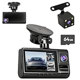 Câmera Veicular 3 Lentes Full HD 1080p, Dashcam Frontal, Interna e Traseira, Tela IPS 3,0 Polegadas, Ângulo 150°, 64GB