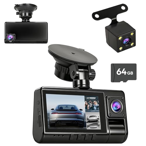 Câmera Veicular 3 Lentes Full HD 1080p, Dashcam Frontal, Interna e Traseira, Tela IPS 3,0 Polegadas, Ângulo 150°, 64GB