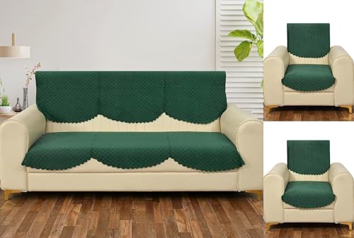 Image of Velvet Quality Raising Quilt Patterns Sofa Covers Set (Green, 5 Seater)