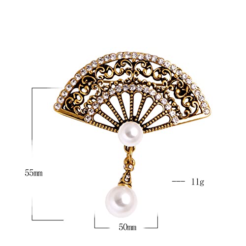 Image of Pearl Fan Brooch Chinese Fan Brooch Rhinestone Pearl Brooch for Women Lady Girl