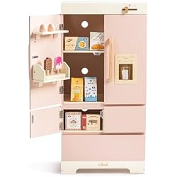 ROBUD Wooden Play Fridge Toy with Ice Maker for Kids Kitchen Playset | Wooden play fridge with freezer, ice maker, and realistic details for kids’ pretend kitchen play and creativity