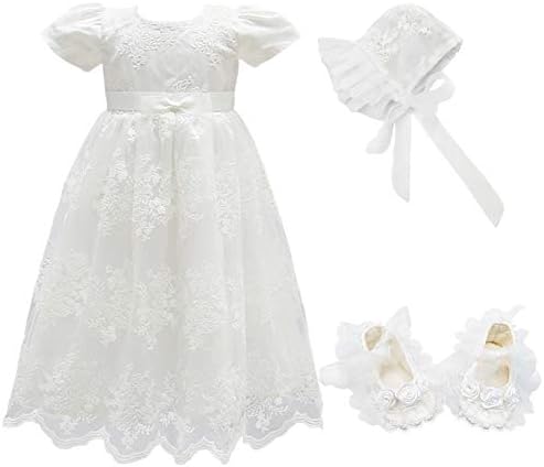 Glamulice Baby Girls Flower Christening Baptism Dress Formal Party Special Occasion Dresses for Toddler Light Ivory White 3-6 Newborn Birthday Holiday Wedding Pageant Gowns Lace Shoes & Hat Event 3M