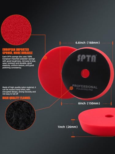 Image of SPTA Red T10 Ultra-Fine Finishing Foam Polishing Pads, 1Pc 6.5 Inch Face for 6 Inch 150mm Backing Plate Compound Buffing Sponge Pads for Car Buffer Polisher Compounding, Polishing and Waxing -FPBFS6R