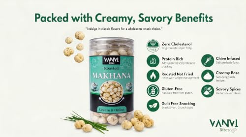 Image of Vanvi Bites Cream Onion Makhana | Roasted And Flavoured Makhana | Namkeen & Puffed Snacks | Healthy Snack | Cholesterol Free | Gluten Free | Rich in Protein & Fiber | Roasted in Olive Oil - 70G