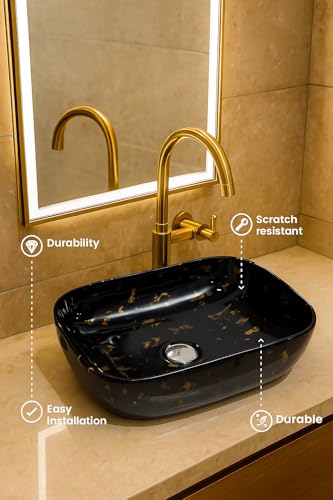 Image of Ceramic Tabletop Wash Basin - Glossy Rectangular Countertop Vessel Sink with Marble Finish for Bathroom & Vanity | Compact 18 x 13 x 5 Inch | Elegant Washbasin