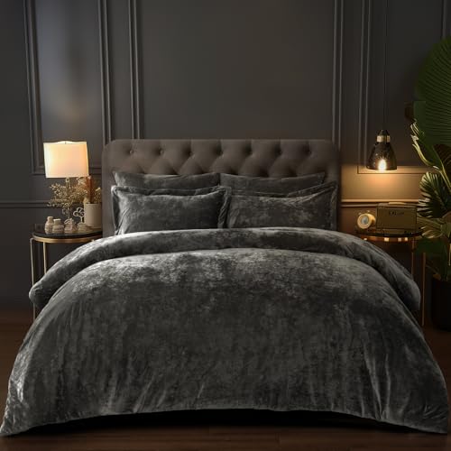 PHF Truly Velvet Comforter Set King Size, 5 Piece Soft Luxury Winter Warm Bedding Sets, Aesthetic Modern Bed in A Bag Including 1 Cozy Comforter, 2 Pillow Shams, 2 Euro Shams for Home Decor, Grey